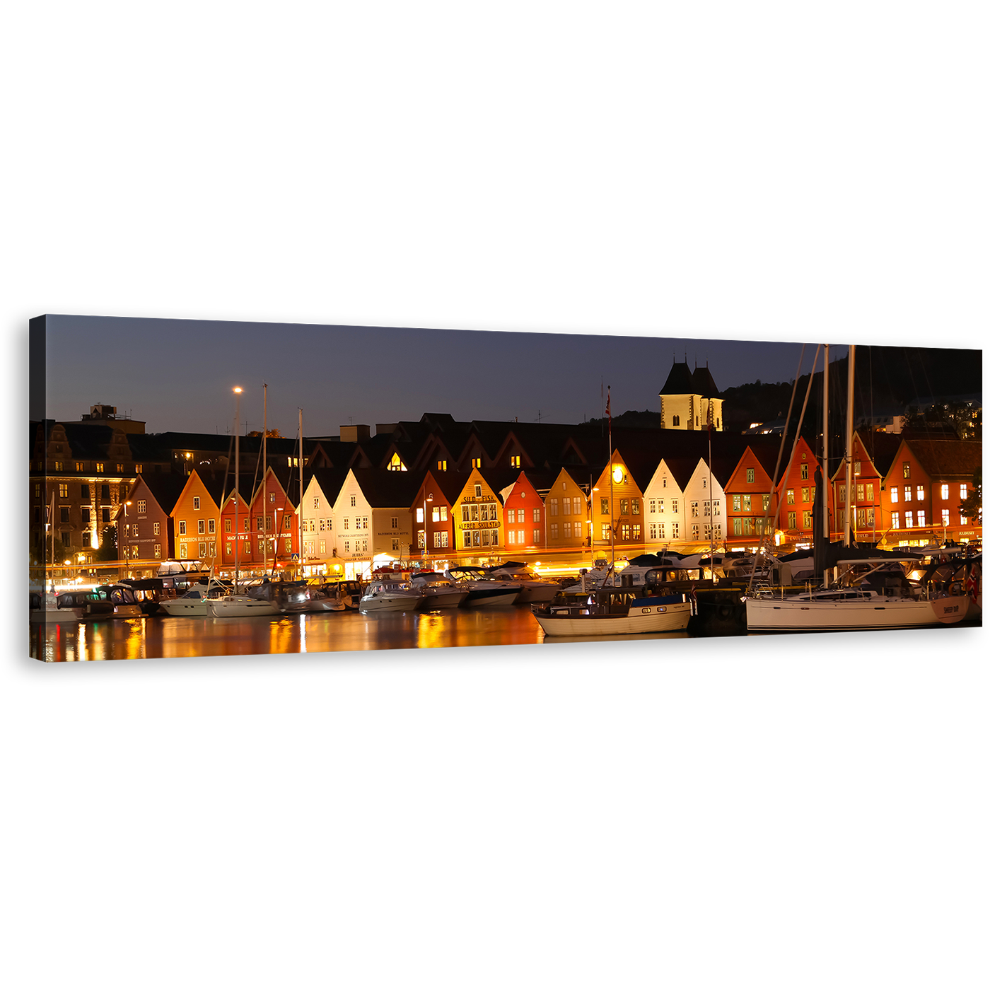 Scandinavia Harbor Wall Art, Orange Bergen Norway City 1 Piece Canvas Print, Grey Night Houses Canals Overlook Canvas Art