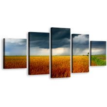 Load image into Gallery viewer, Scenery Fields Canvas Wall Art, Green Orange Grain Fields Canvas Print, Grey Storm Clouds 5 Piece Multi Canvas Artwork
