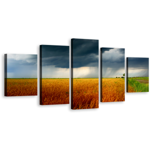Scenery Fields Canvas Wall Art, Green Orange Grain Fields Canvas Print, Grey Storm Clouds 5 Piece Multi Canvas Artwork