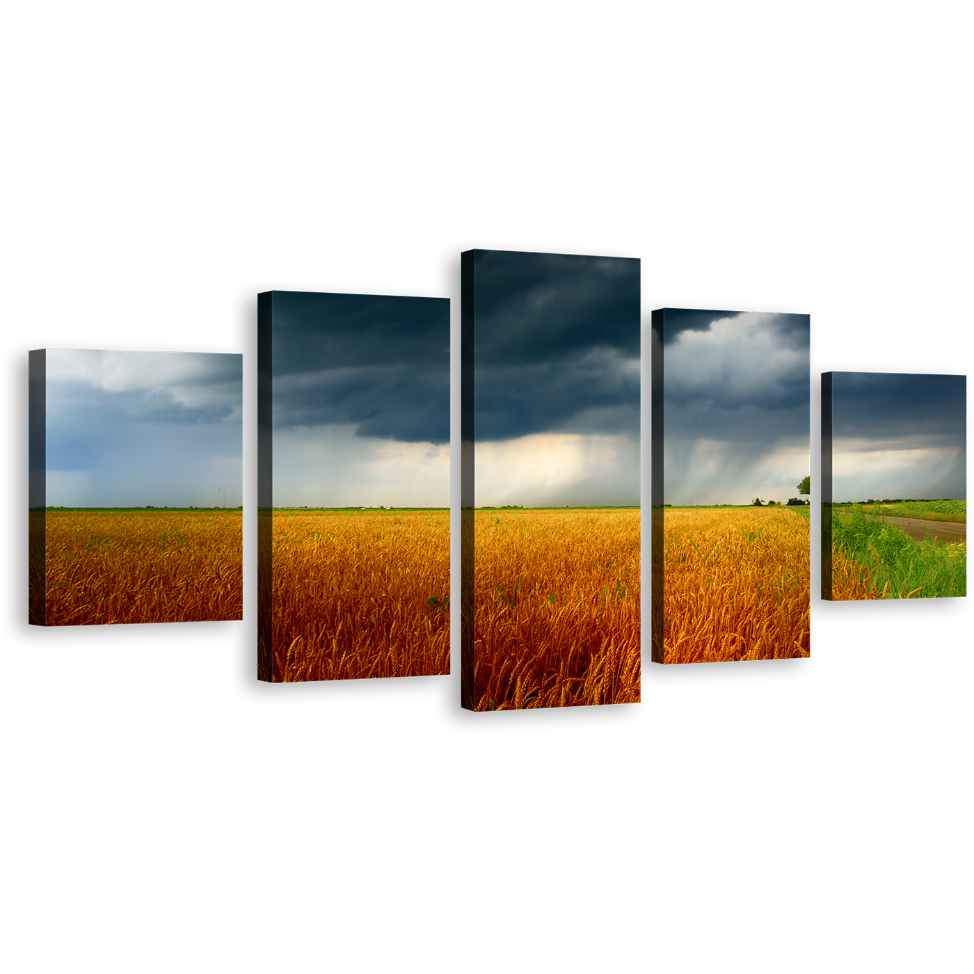 Scenery Fields Canvas Wall Art, Green Orange Grain Fields Canvas Print, Grey Storm Clouds 5 Piece Multi Canvas Artwork