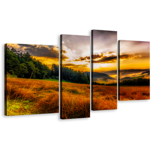 Scenery Horizon Wall Art, Yellow Sky Misty Landscape 4 Piece Multi Canvas, Green Trees Rural Landscape Canvas Print