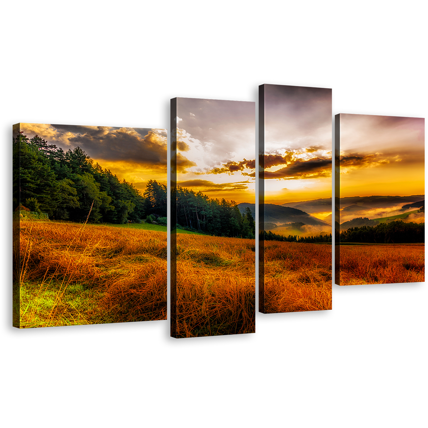 Scenery Horizon Wall Art, Yellow Sky Misty Landscape 4 Piece Multi Canvas, Green Trees Rural Landscape Canvas Print