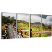 Load image into Gallery viewer, Scenery Nature Wall Art, Green Grass Wooden Bridge Canvas Print, Grey Mountain Sky 4 Piece Multi Canvas
