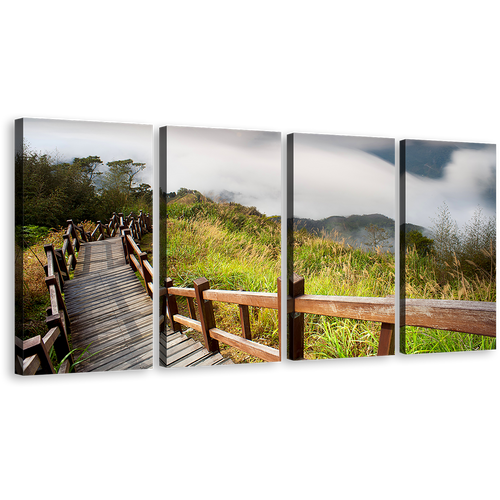 Scenery Nature Wall Art, Green Grass Wooden Bridge Canvas Print, Grey Mountain Sky 4 Piece Multi Canvas