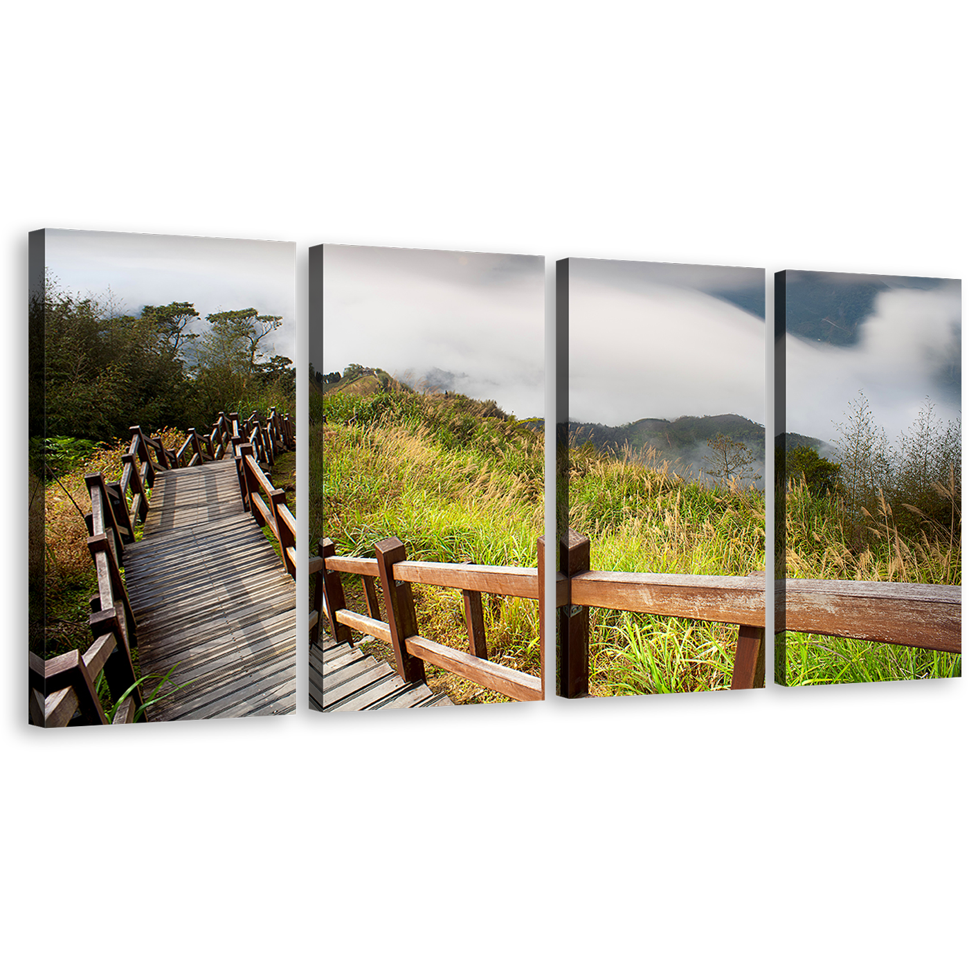 Scenery Nature Wall Art, Green Grass Wooden Bridge Canvas Print, Grey Mountain Sky 4 Piece Multi Canvas