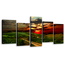 Load image into Gallery viewer, Scenery Sunset Canvas Wall Art, Country Road Green Nature Scenery Canvas Print, Dramatic Red Yellow Sunset Sky 5 Piece Multiple Canvas
