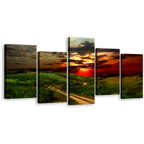 Scenery Sunset Canvas Wall Art, Country Road Green Nature Scenery Canvas Print, Dramatic Red Yellow Sunset Sky 5 Piece Multiple Canvas