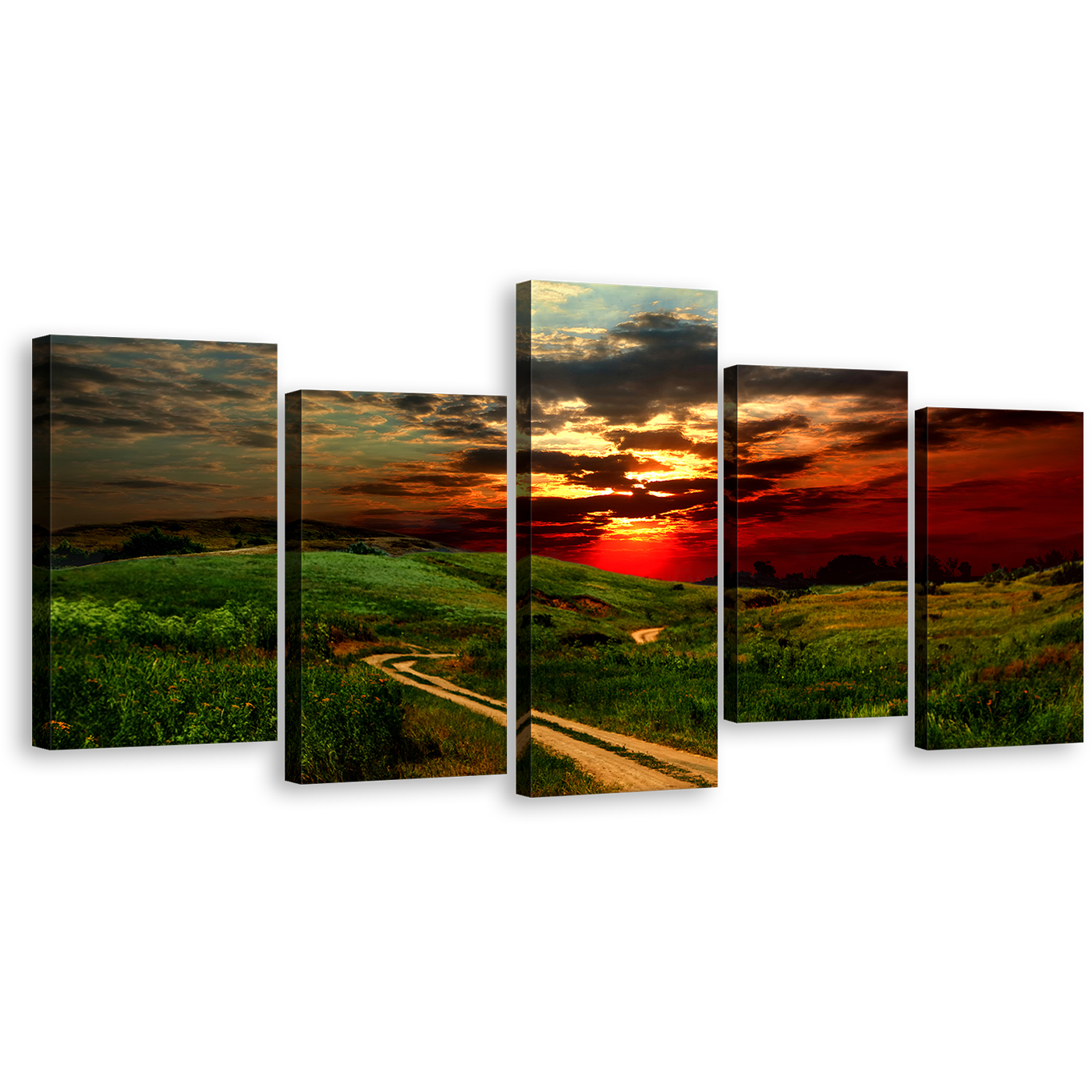 Scenery Sunset Canvas Wall Art, Country Road Green Nature Scenery Canvas Print, Dramatic Red Yellow Sunset Sky 5 Piece Multiple Canvas