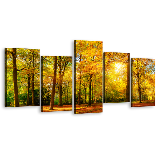 Scenic Forest Wall Art, Yellow Trees Basking in the Radiant Glow of the Sun Canvas Set, Green Trees Autumn Forest 5 Piece Canvas Print