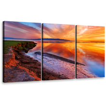 Load image into Gallery viewer, Scenic Seascape Wall Art, Green Ocean Shore View Multi Canvas, Yellow Sky Ocean Beach Reflection 3 Piece Canvas Print
