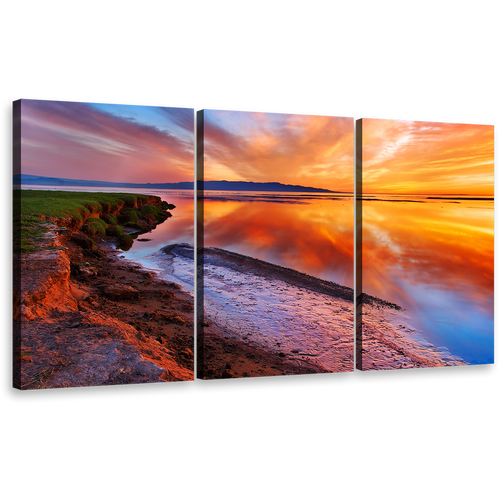 Scenic Seascape Wall Art, Green Ocean Shore View Multi Canvas, Yellow Sky Ocean Beach Reflection 3 Piece Canvas Print