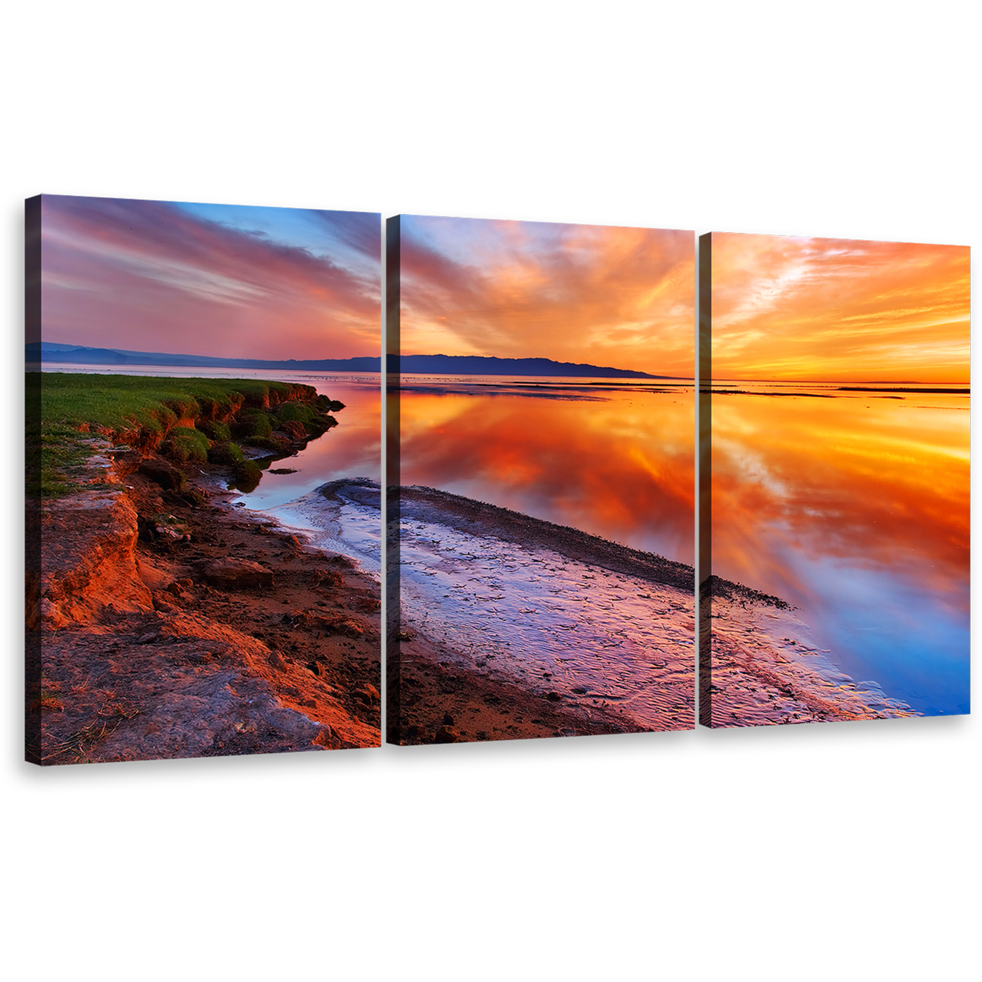 Scenic Seascape Wall Art, Green Ocean Shore View Multi Canvas, Yellow Sky Ocean Beach Reflection 3 Piece Canvas Print