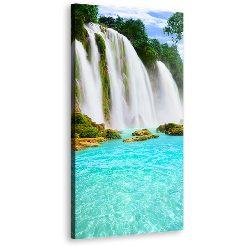 Scenic Waterfall Canvas Wall Art, Beautiful Blue Water Scenery 1 Piece Canvas Artwork, Green Trees Forest Waterfall Canvas Print