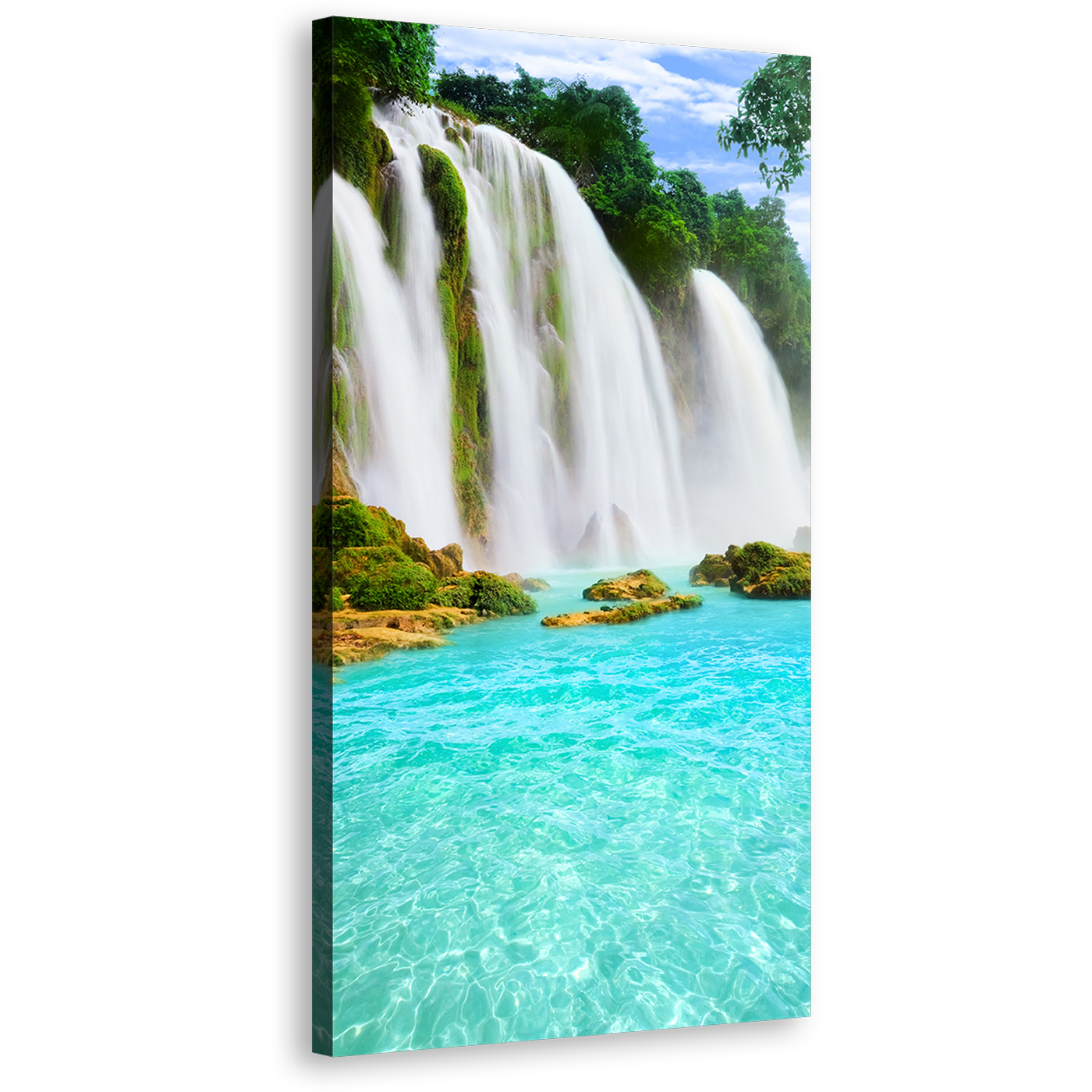 Scenic Waterfall Canvas Wall Art, Beautiful Blue Water Scenery 1 Piece Canvas Artwork, Green Trees Forest Waterfall Canvas Print