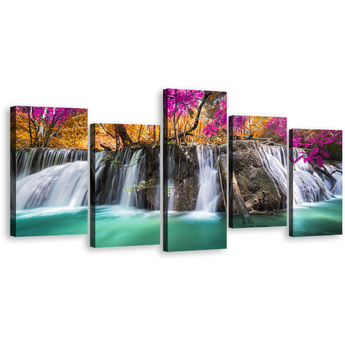 Scenic Waterfall Canvas Wall Art, Beautiful Waterfall Scene Canvas Print, Colorful Forest Scenery Waterfall 5 Piece Canvas Set