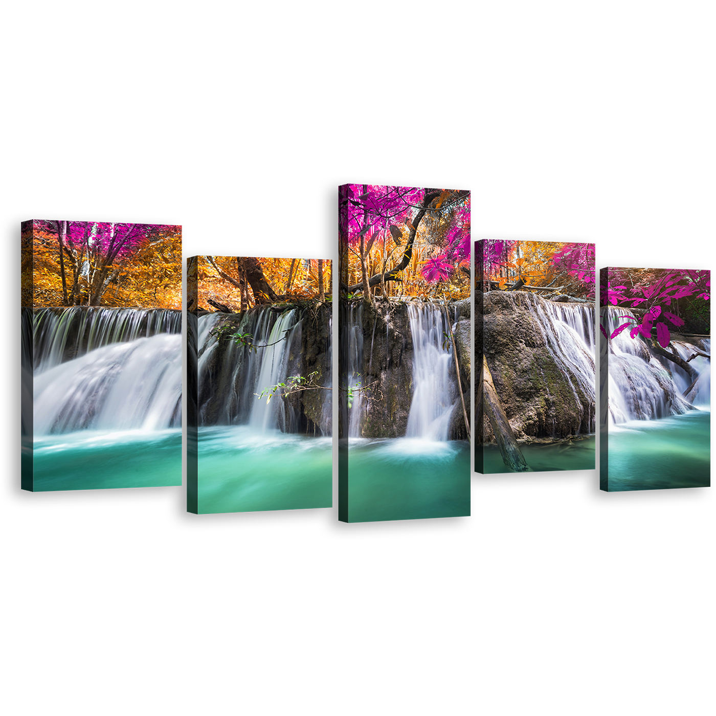 Scenic Waterfall Canvas Wall Art, Beautiful Waterfall Scene Canvas Print, Colorful Forest Scenery Waterfall 5 Piece Canvas Set