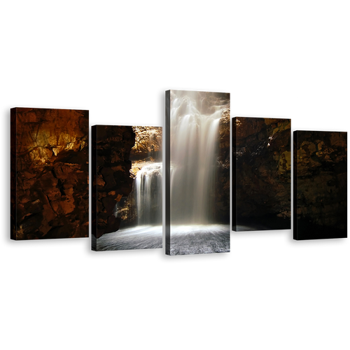 Scotland Cave Canvas Print, White Waterfall Cave 5 Piece Canvas Wall Art, Brown Smoo Cave Waterfall Canvas Set