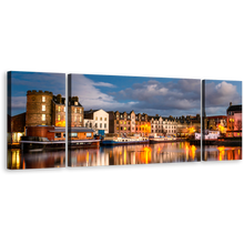 Load image into Gallery viewer, Scotland Houses Wall Art, Brown Leith City Canal Water Reflection 3 Piece Canvas Set, Piece Canvas, Edinburgh Blue Cloudy Sky Canvas Print
