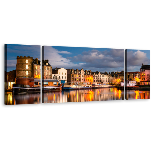 Scotland Houses Wall Art, Brown Leith City Canal Water Reflection 3 Piece Canvas Set, Piece Canvas, Edinburgh Blue Cloudy Sky Canvas Print