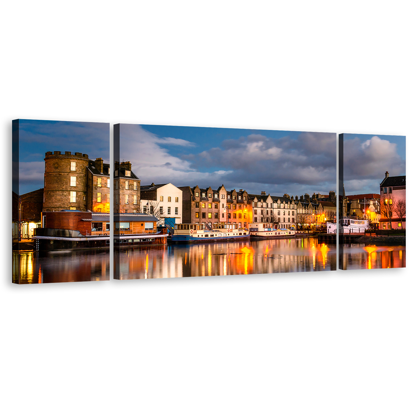 Scotland Houses Wall Art, Brown Leith City Canal Water Reflection 3 Piece Canvas Set, Piece Canvas, Edinburgh Blue Cloudy Sky Canvas Print