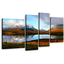 Load image into Gallery viewer, Scotland Mountain Canvas Wall Art, Scottish Highlands Multi Canvas, United Kingdom Brown Mountains Lake Canvas Print, Blue Scenery Sky 4 Piece Canvas Set
