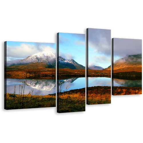 Scotland Mountain Canvas Wall Art, Scottish Highlands Multi Canvas, United Kingdom Brown Mountains Lake Canvas Print, Blue Scenery Sky 4 Piece Canvas Set