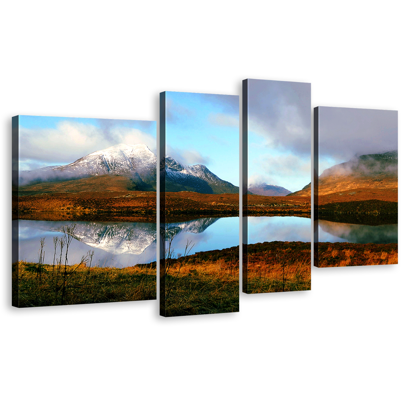 Scotland Mountain Canvas Wall Art, Scottish Highlands Multi Canvas, United Kingdom Brown Mountains Lake Canvas Print, Blue Scenery Sky 4 Piece Canvas Set