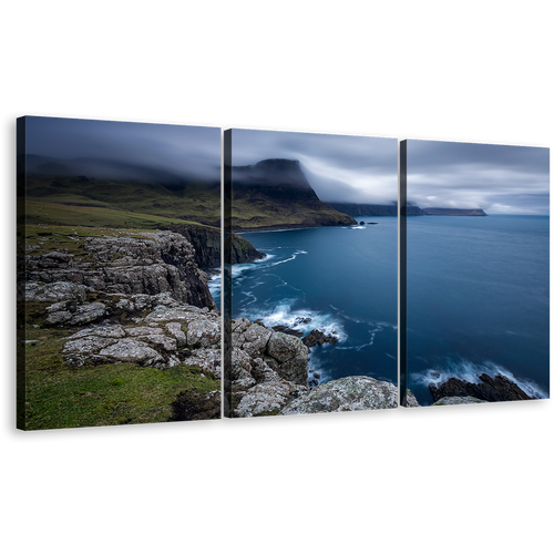 Scotland Ocean Canvas Wall Art, UK Green Ocean Landscape 3 Piece Canvas Set, Duirinish Peninsula Blue Ocean Canvas Print