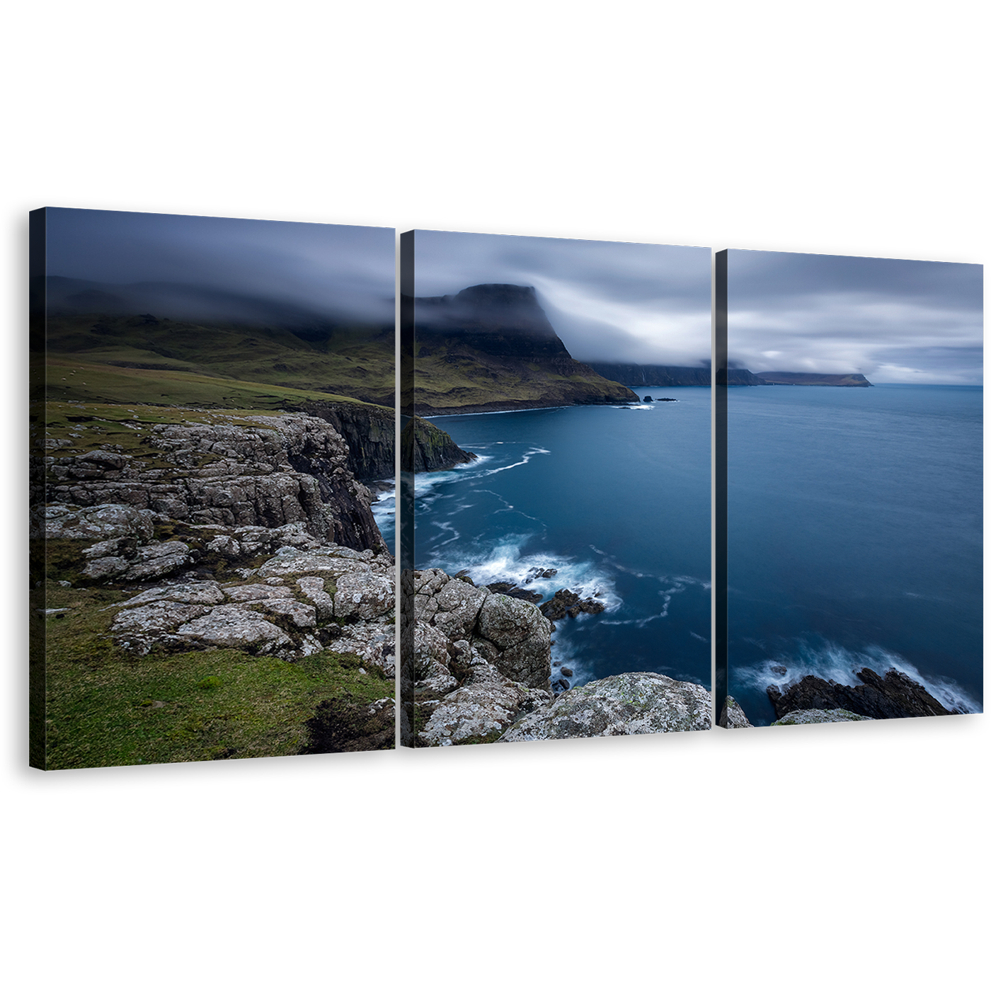 Scotland Ocean Canvas Wall Art, UK Green Ocean Landscape 3 Piece Canvas Set, Duirinish Peninsula Blue Ocean Canvas Print