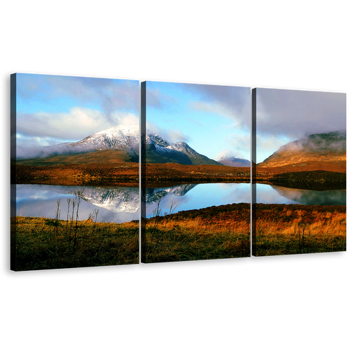 Scotland Scenery Canvas Print, United Kingdom Brown Mountains Lake 3 Piece Canvas, Scottish Highlands Blue Sky Canvas Wall Art