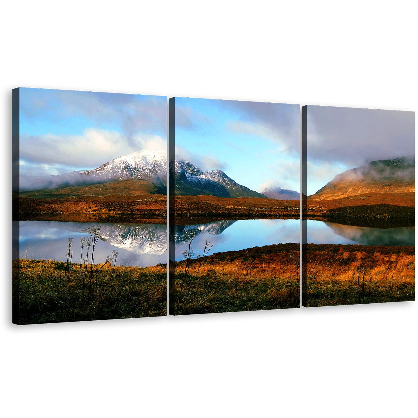 Scotland Scenery Canvas Print, United Kingdom Brown Mountains Lake 3 Piece Canvas, Scottish Highlands Blue Sky Canvas Wall Art