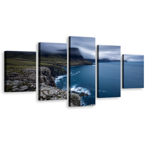 Scotland Sea Canvas Wall Art, Duirinish Peninsula Green Ocean Landscape 5 Piece Canvas Print, UK Blue Ocean Seascape Multi Canvas Artwork