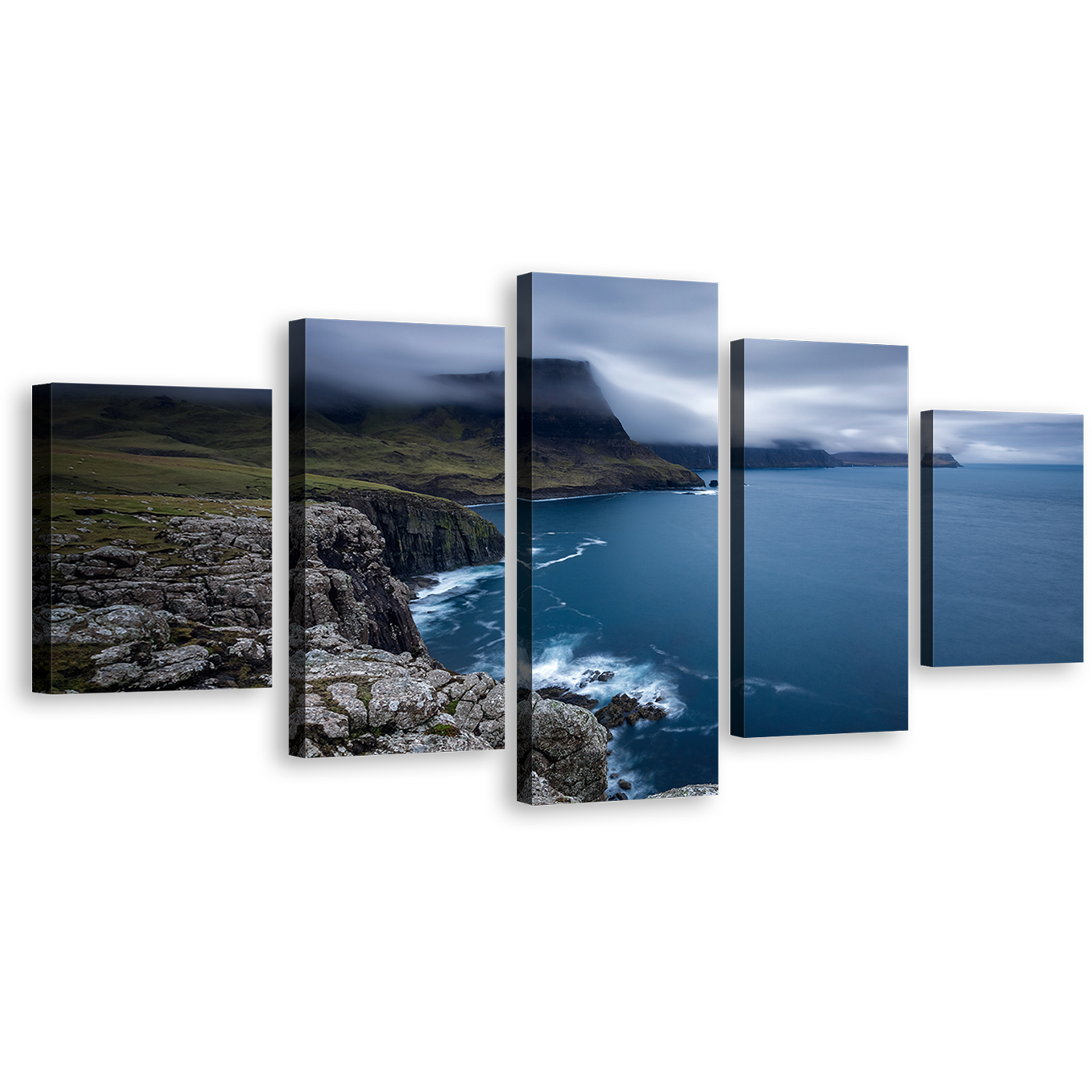 Scotland Sea Canvas Wall Art, Duirinish Peninsula Green Ocean Landscape 5 Piece Canvas Print, UK Blue Ocean Seascape Multi Canvas Artwork