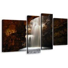 Load image into Gallery viewer, Scotland Waterfall Canvas Wall Art, Brown Smoo Cave Waterfall 4 Piece Multi Panel Canvas, White Waterfall Cave Canvas Print
