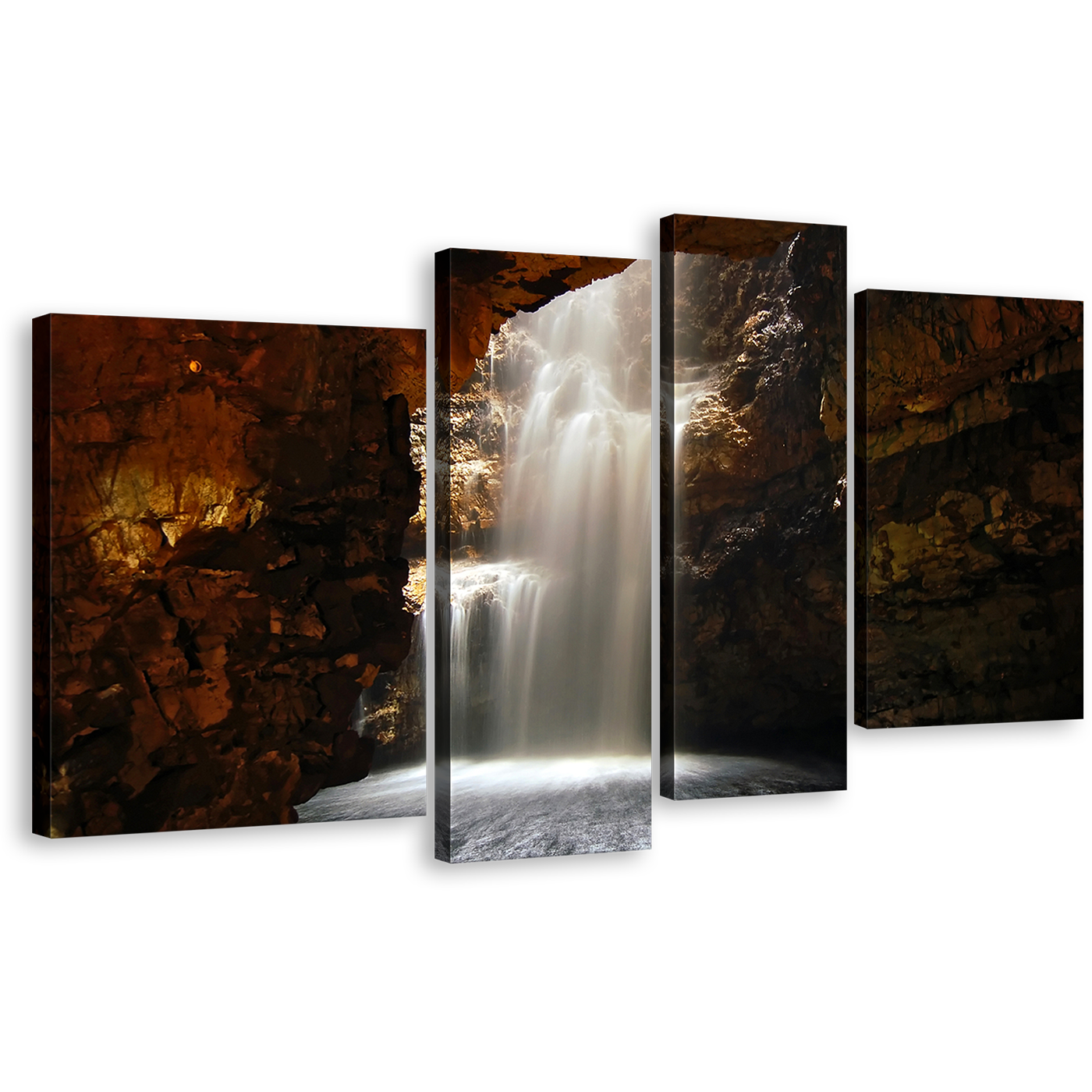 Scotland Waterfall Canvas Wall Art, Brown Smoo Cave Waterfall 4 Piece Multi Panel Canvas, White Waterfall Cave Canvas Print