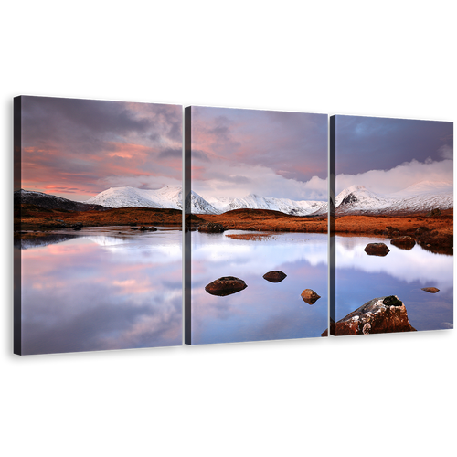 Scottish Highlands Canvas Wall Art, Brown Glencoe Mountain Triptych Canvas Set, Snow Covered Landscape Canvas Print, White Ocean Mountain 3 Piece Canvas