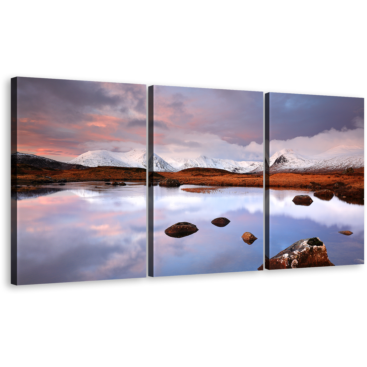 Scottish Highlands Canvas Wall Art, Brown Glencoe Mountain Triptych Canvas Set, Snow Covered Landscape Canvas Print, White Ocean Mountain 3 Piece Canvas