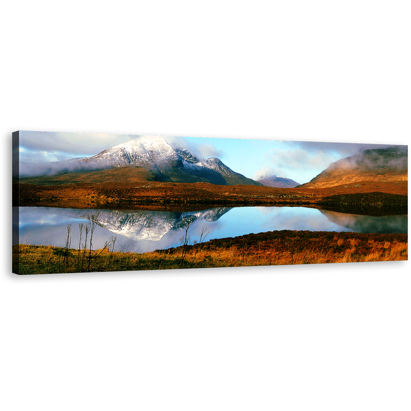 Scottish Highlands Canvas Wall Art, Scotland Blue Sky Scenery 1 Piece Canvas Print, United Kingdom Brown Mountains Lake Wide Canvas