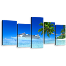 Load image into Gallery viewer, Sea Beach Canvas Print, Tropical Green Tree Island 5 Piece Canvas Set, Blue Seascape Cruise Ship Canvas Wall Art
