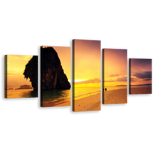 Load image into Gallery viewer, Sea Beach Canvas Print, Yellow Sunset Sky Ocean Canvas Set, Brown Ocean Rocks 5 Piece Wall Art
