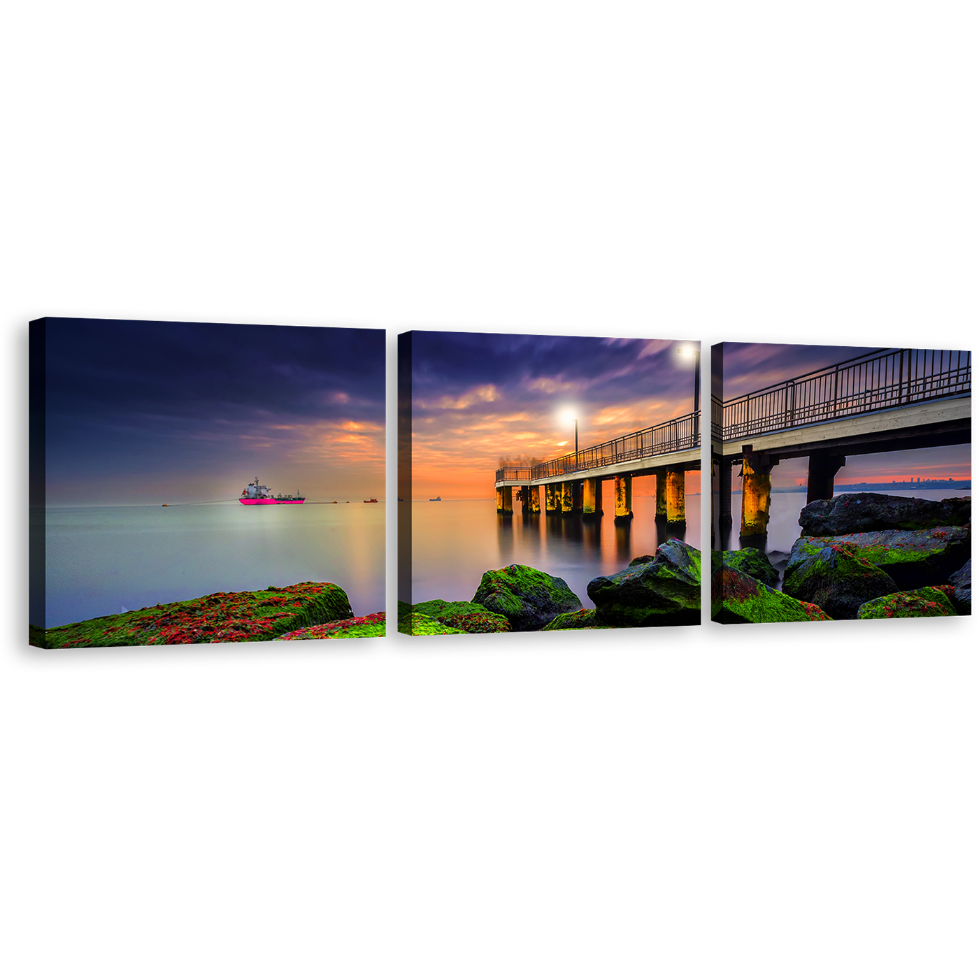 Sea Boulders Canvas Wall Art, Blue Cloudy Sky Seascape 3 Piece Canvas Print, Green Rocks Pier Triptych Multi Canvas