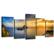 Load image into Gallery viewer, Sea Landscape Canvas Wall Art, Blue Yellow Sunset Ocean Mountain Multi Canvas, Es Vedra Canvas Print, Ibiza Island 5 Piece Canvas
