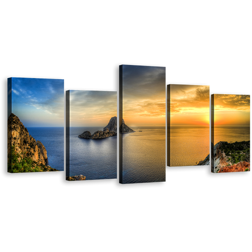 Sea Landscape Canvas Wall Art, Blue Yellow Sunset Ocean Mountain Multi Canvas, Es Vedra Canvas Print, Ibiza Island 5 Piece Canvas