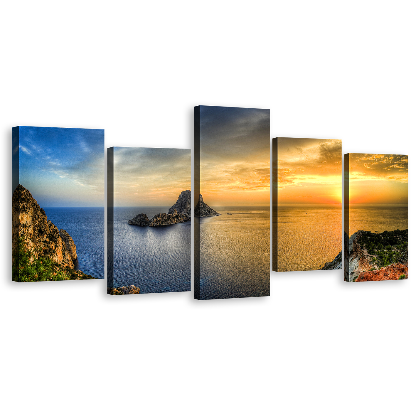 Sea Landscape Canvas Wall Art, Blue Yellow Sunset Ocean Mountain Multi Canvas, Es Vedra Canvas Print, Ibiza Island 5 Piece Canvas