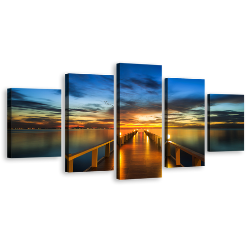 Sea Pier Canvas Print, Blue Sky Wooden Bridge Ocean 5 Piece Wall Art, Dramatic Yellow Sunset Sky Pier Multiple Canvas