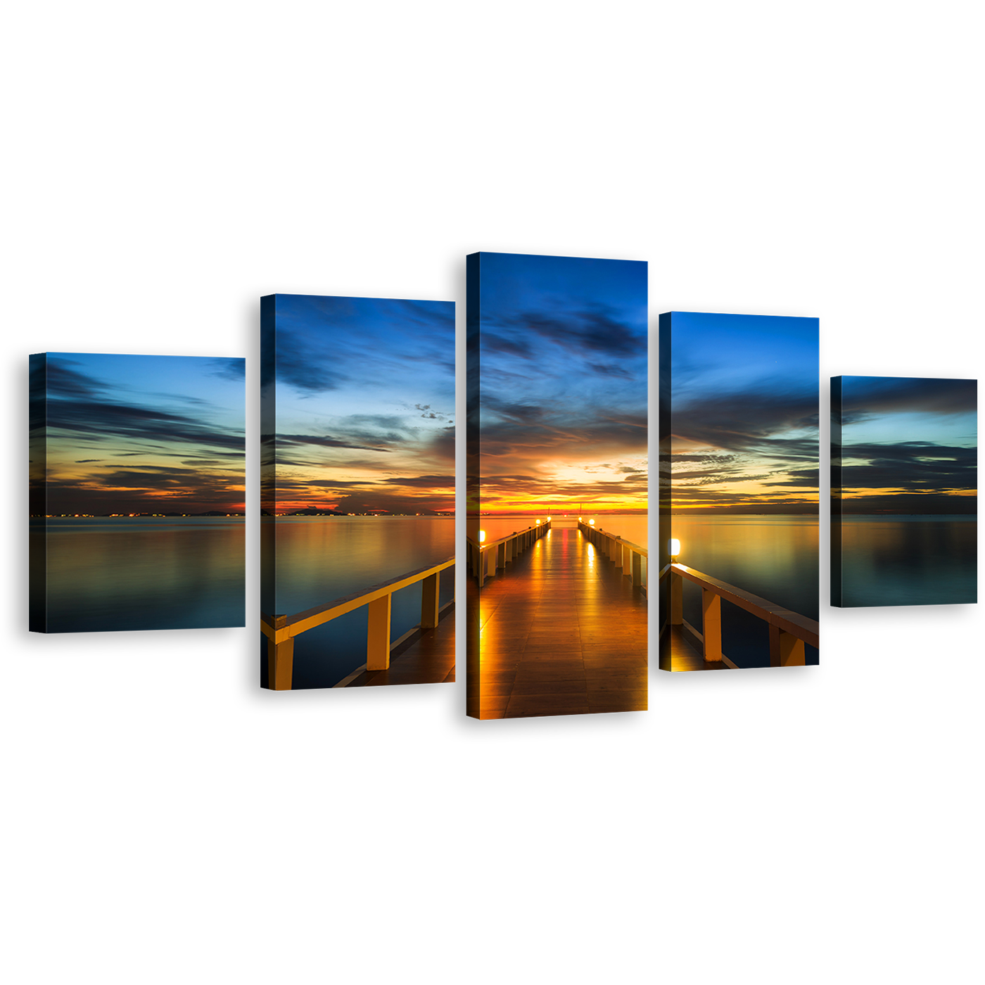 Sea Pier Canvas Print, Blue Sky Wooden Bridge Ocean 5 Piece Wall Art, Dramatic Yellow Sunset Sky Pier Multiple Canvas