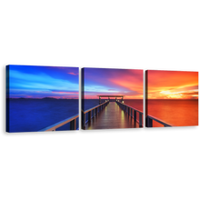 Load image into Gallery viewer, Sea Pier Canvas Print, Dramatic Blue Orange Sunset Sky 3 Piece Canvas Set, Wooden Sea Pier Wall Art
