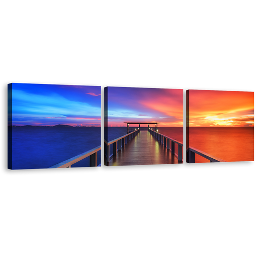 Sea Pier Canvas Print, Dramatic Blue Orange Sunset Sky 3 Piece Canvas Set, Wooden Sea Pier Wall Art