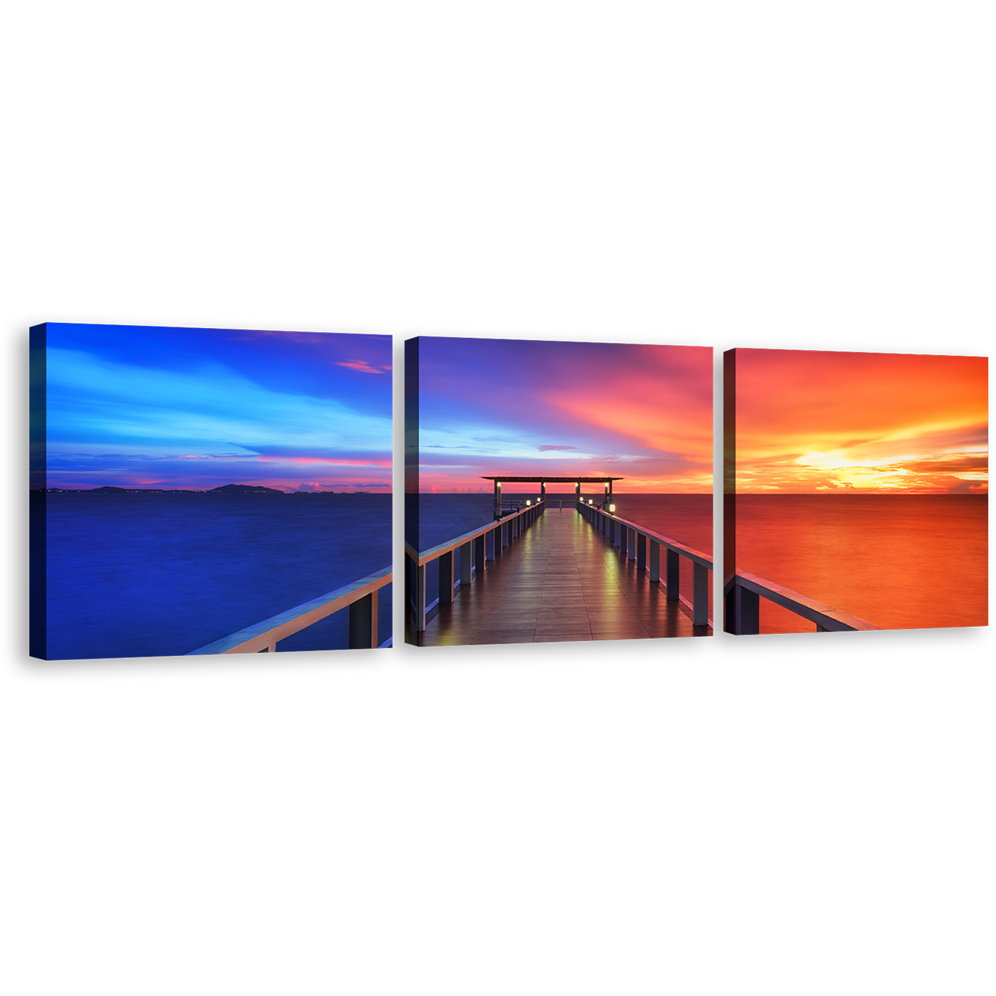 Sea Pier Canvas Print, Dramatic Blue Orange Sunset Sky 3 Piece Canvas Set, Wooden Sea Pier Wall Art