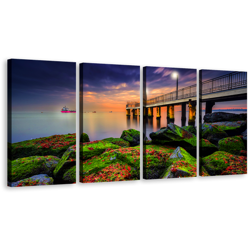 Sea Pier Canvas Print, Green Seascape Boulders Canvas Set, Blue Sky Cloudy Sunset 4 Piece Canvas Wall Art